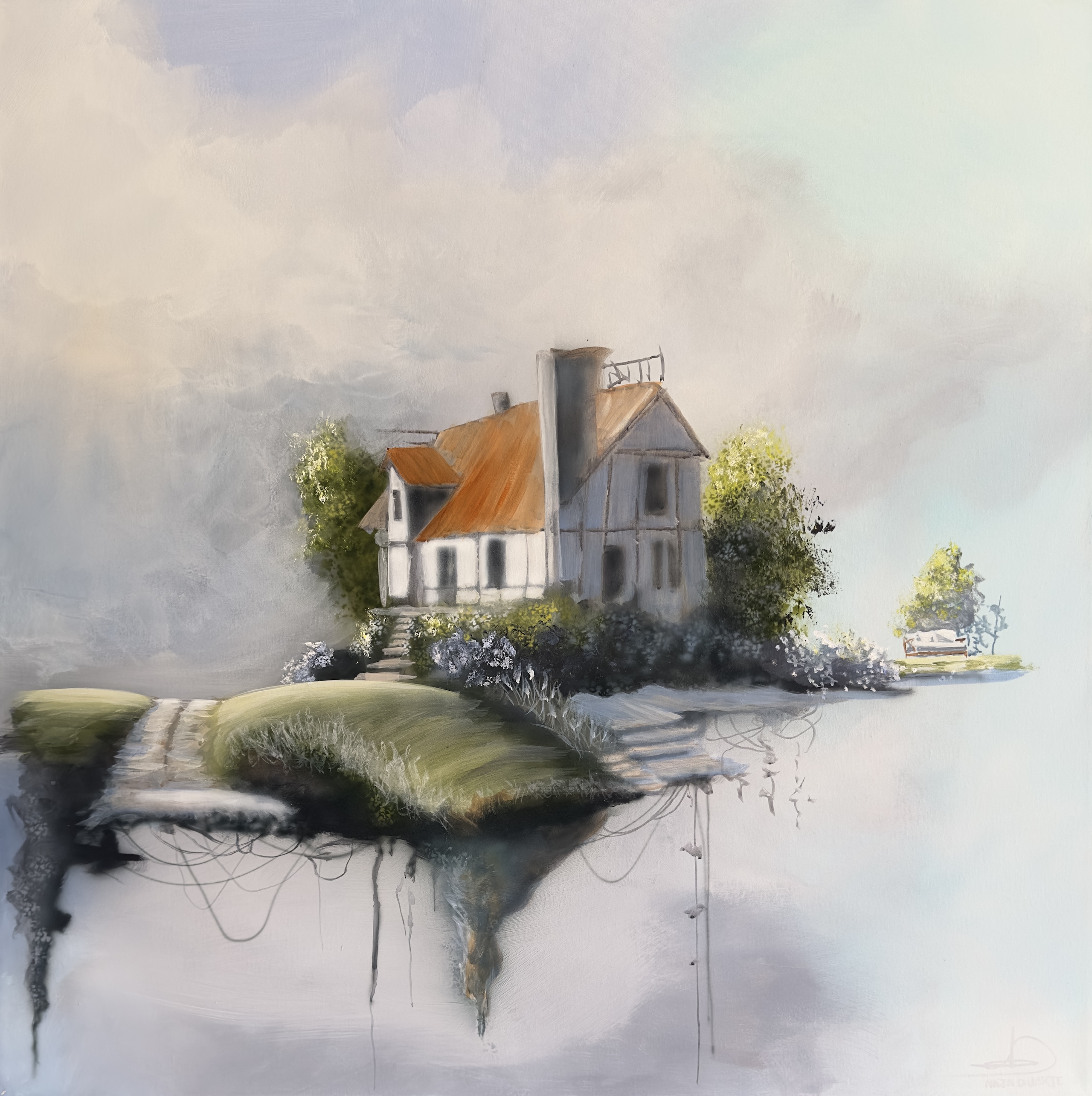 Fotorealistisk Naja Duarte maleri af et dr�mmende landskab med bjerge og skyer. Moderne maleri til salg i galleri n�r Aarhus.