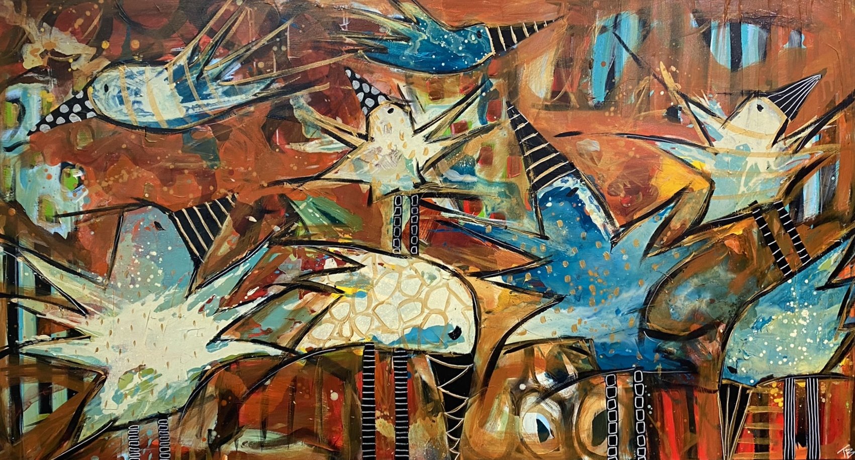 Trine Birkenfeldt maleri PowerBirds 110x200cm
