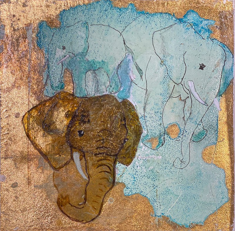 Elefantfamilie, maleri Anne-Mette Lehrskov 20x20cm