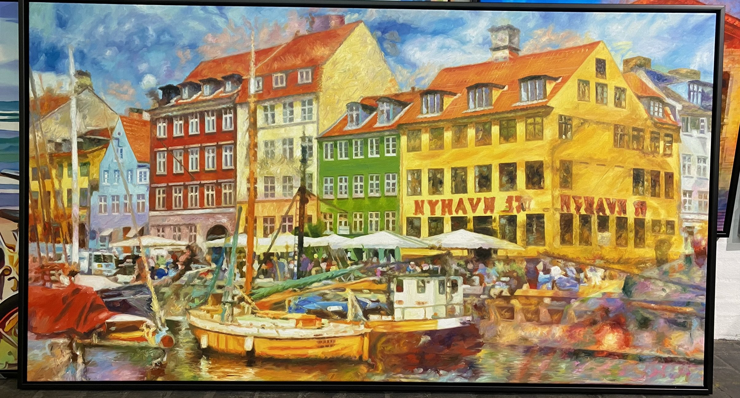 Aftenstedmning Nyhavn, 80x80cm maleri af Sarah Høi