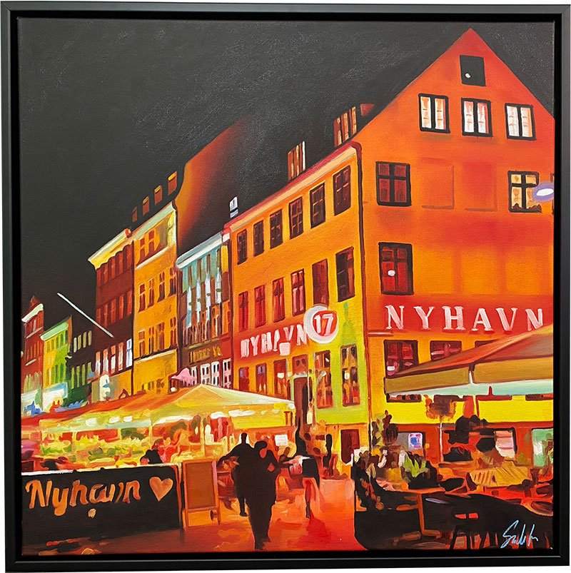 Nyhavn 17 By Night, 70x70cm maleri af Sarah Hi