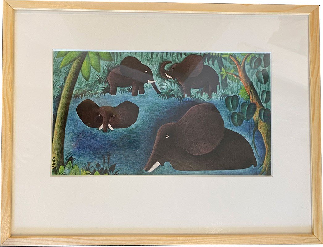 Plakat af Hans Scherfig - Junglemotiv med badende Elefanter, 30x40cm