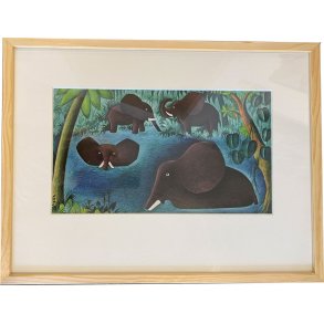 Plakat af Hans Scherfig - Junglemotiv med badende Elefanter, 30x40cm