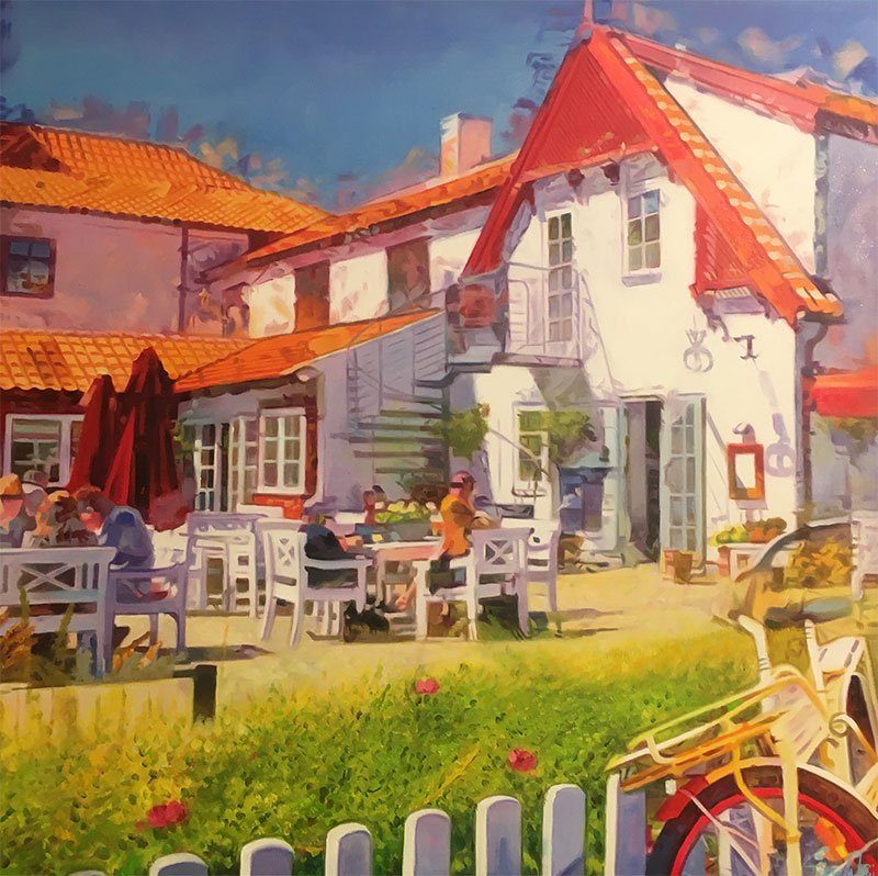 Ruths Hotel i Skagen, maleri 100x100cm af Sarah Hi