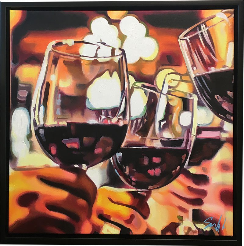 Venskab, maleri 50x50cm i sort ramme