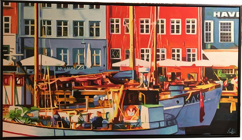 Glade farver og Nyhavn, oliemaleri 100x180cm