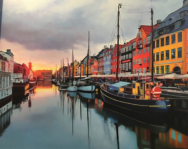 Optimisten i Nyhavn, oliemaleri af Sarah Hi 120x150cm