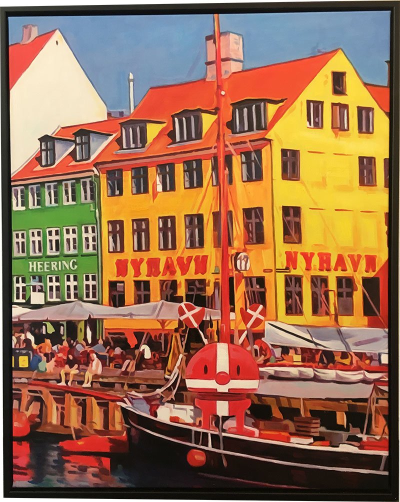 Optimisten i Nyhavn, oliemaleri af Sarah Hi 80x100cm