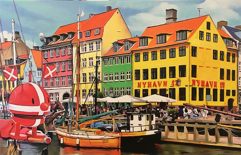 Optimisten i Nyhavn, oliemaleri af Sarah Hi 90x140cm