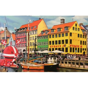 Optimisten i Nyhavn, oliemaleri af Sarah H�i 90x140cm