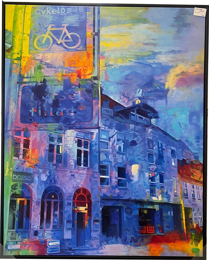 Skolegade i Aarhus set fra Aarhus Teater, 150x120cm oliemaleri af Sarah Hi (kopi)