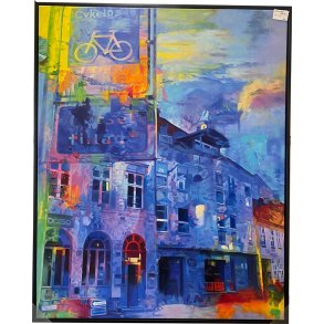 Skolegade i Aarhus set fra Aarhus Teater, 150x120cm oliemaleri af Sarah H�i