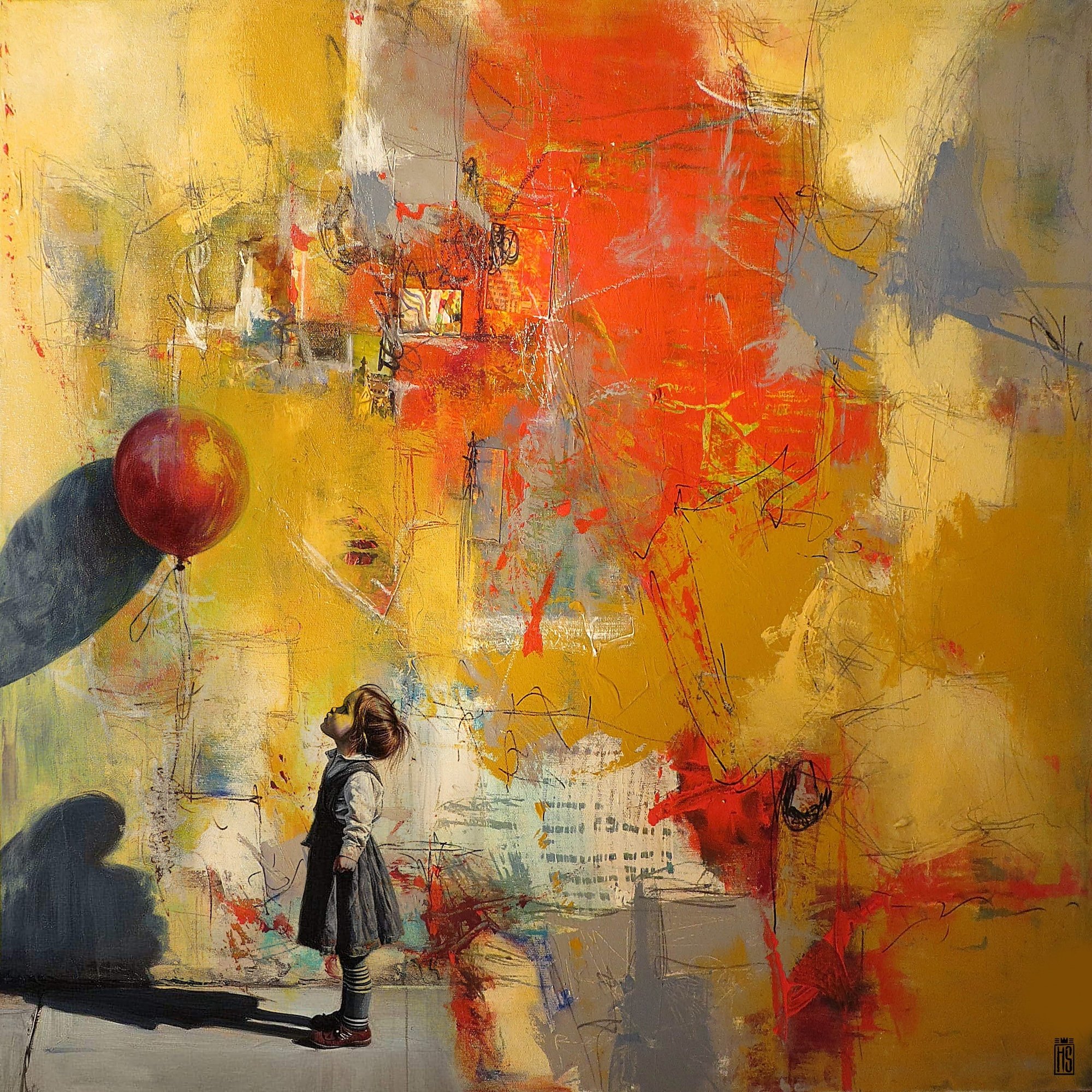 Girl and Baloon, 80x80cm, giclee af Helt Sort