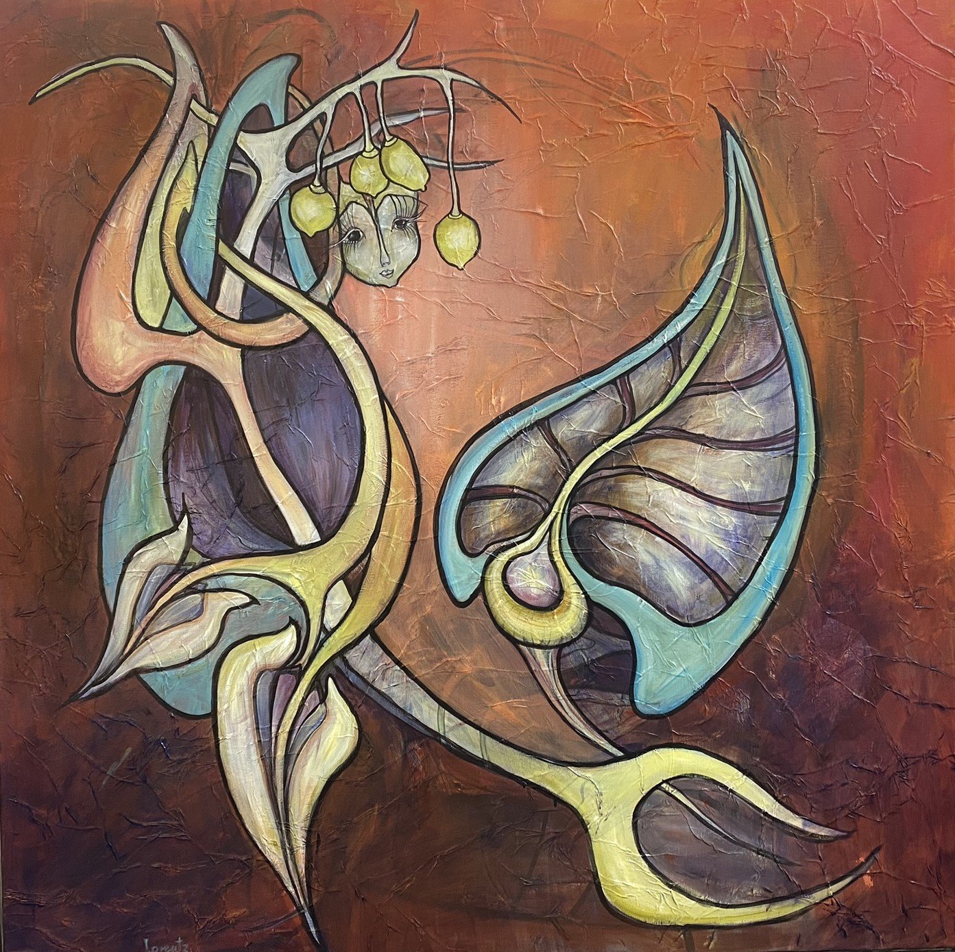 Henriette Lorentz maleri 100x100cm, ryrmiske tanker