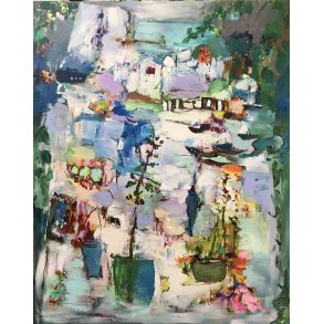 Skribleri for dagen, maleri 150x120cm af Tina Asmussen