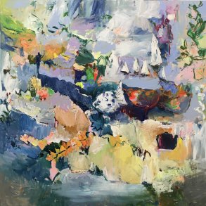 Gemt i hemmelighedens hule, 120x120cm, abstrakt maleri af Tina Asmussen