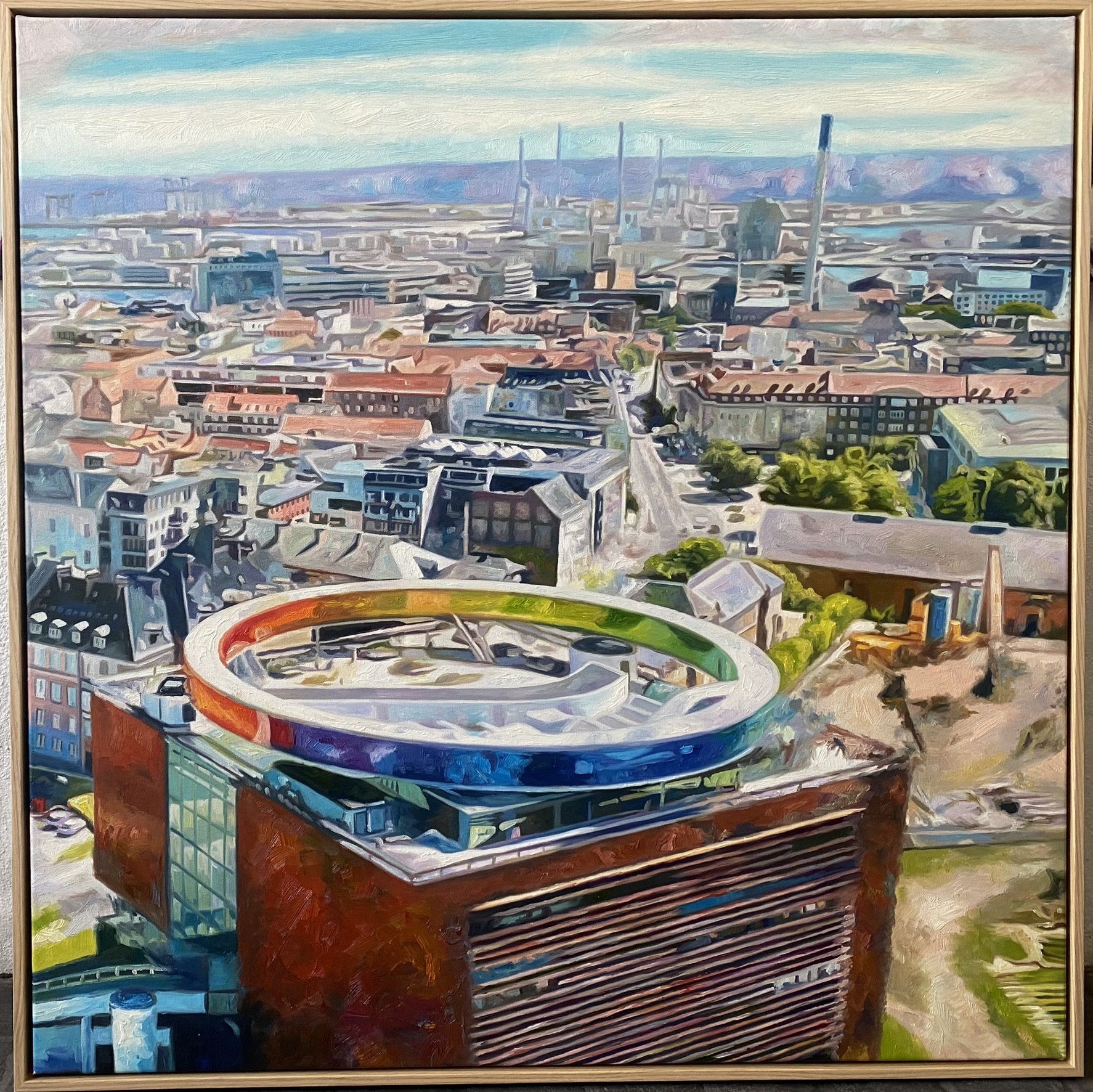 Aarhus set fra himlen, oliemaleri 100x100cm af Sarah Hi