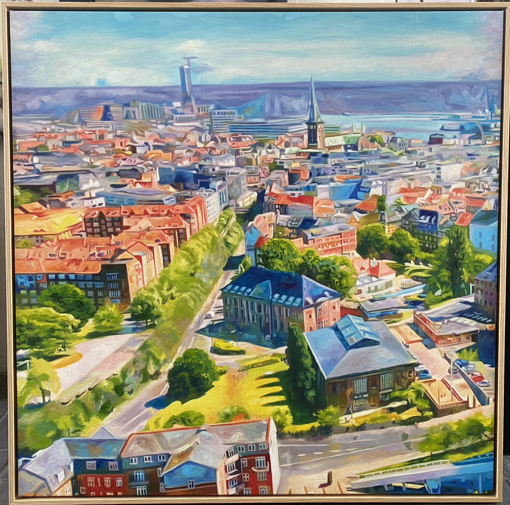 Aarhus set fra himlen, oliemaleri 100x100cm af Sarah Hi