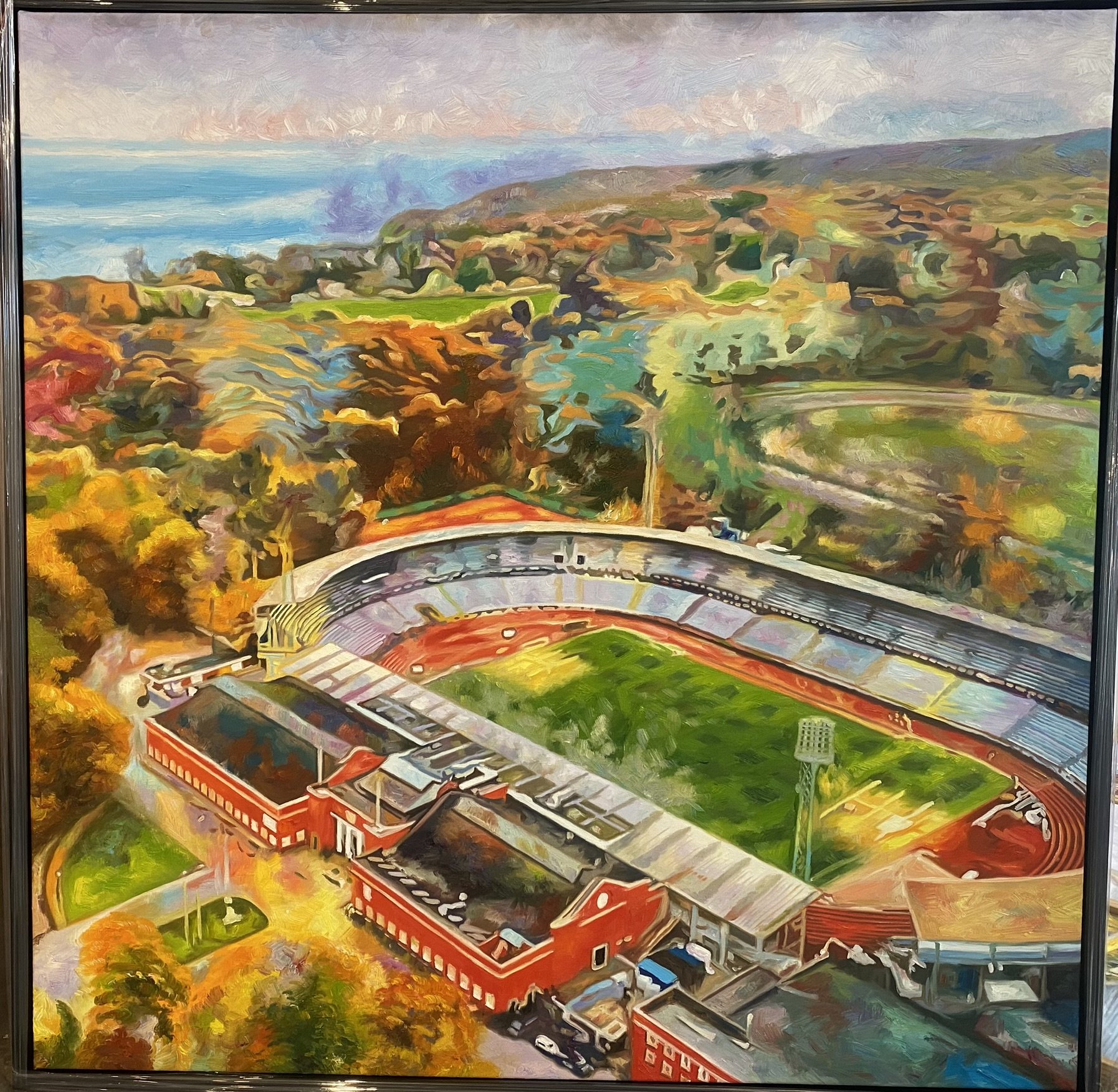 Aarhus stadion, oliemaleri 100x100cm af Sarah Hi