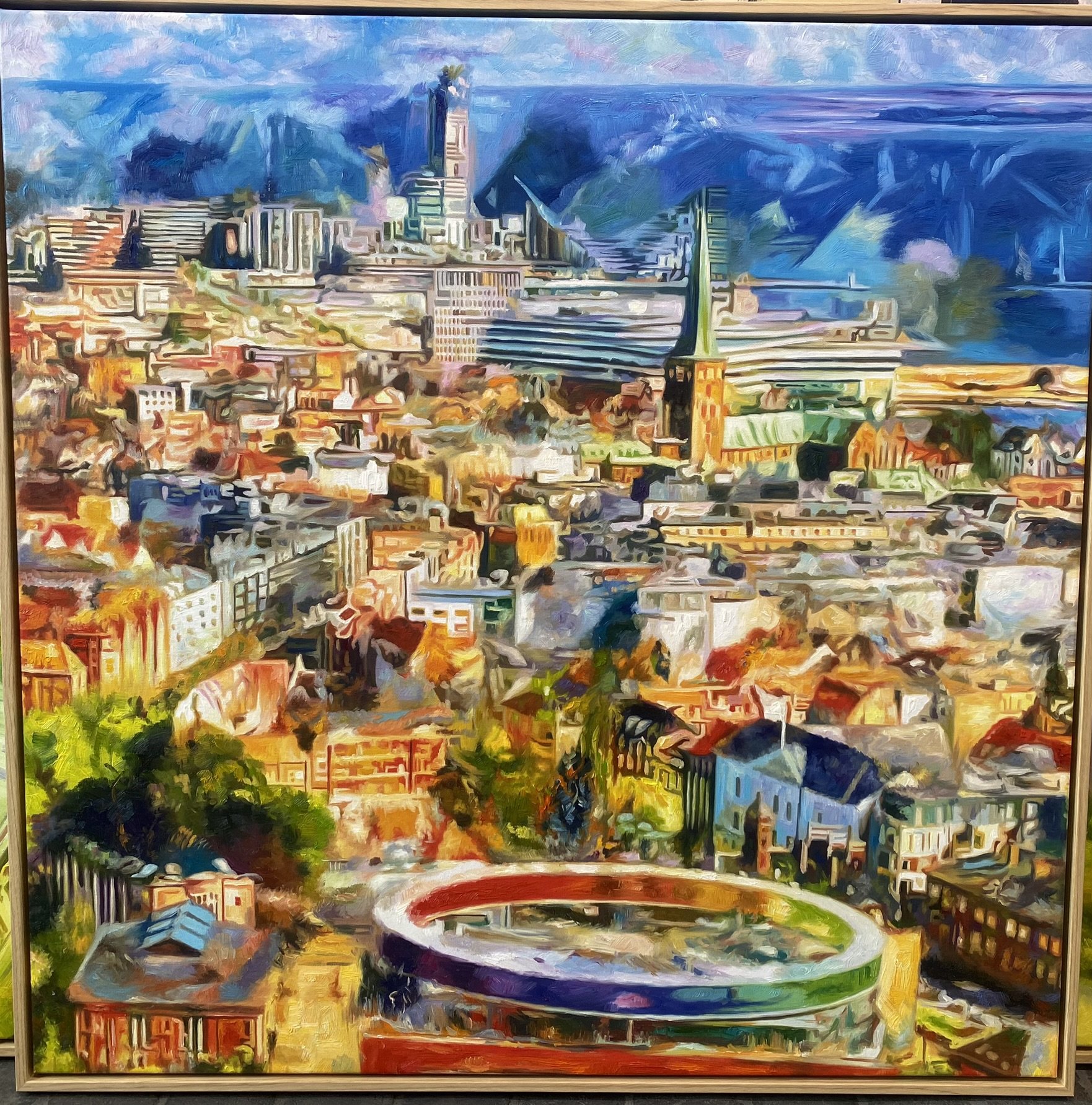 Aarhus med vue mod , oliemaleri 100x100cm af Sarah Hi