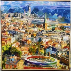 Aarhus med vue mod , oliemaleri 100x100cm af Sarah Hi