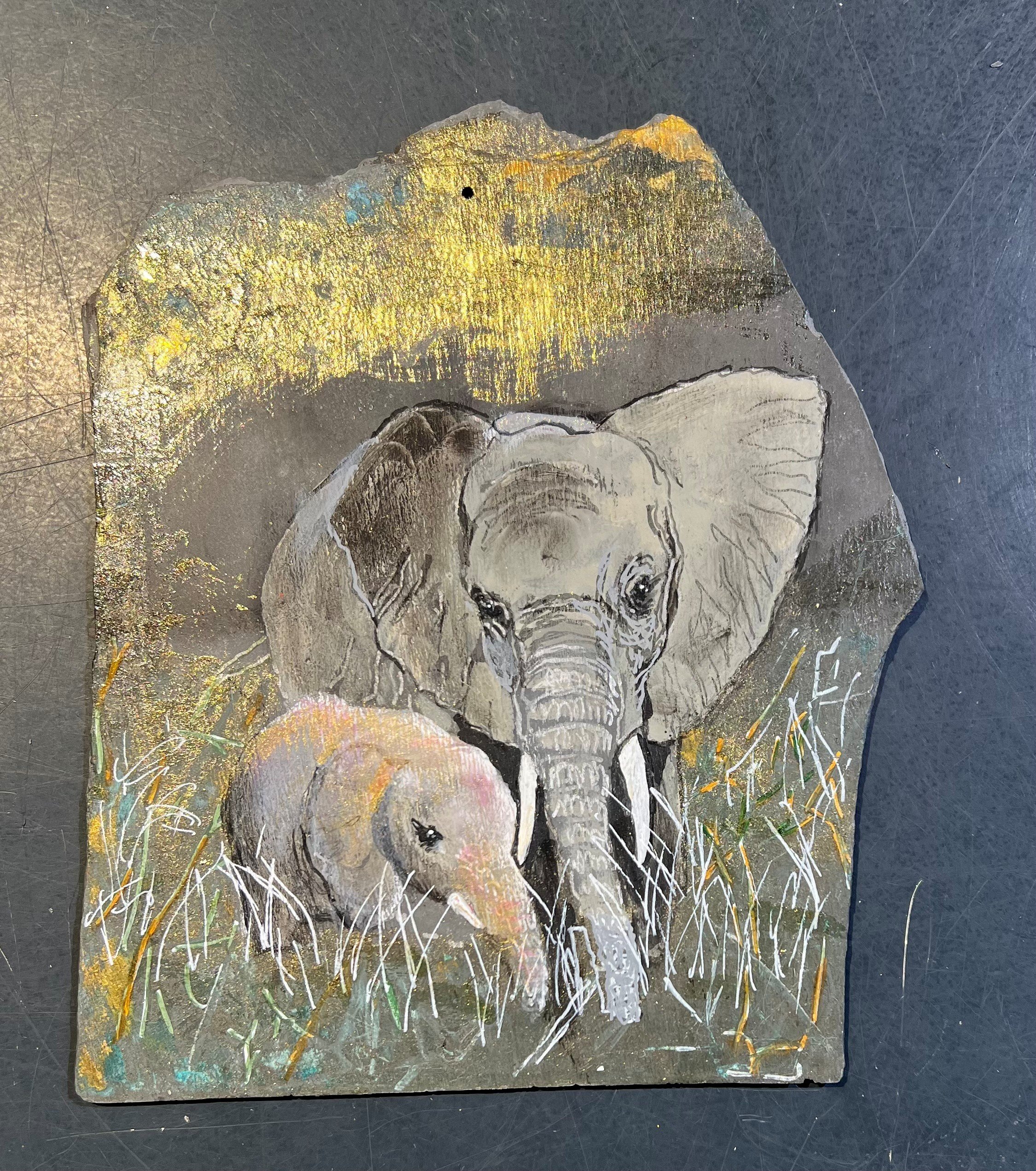 Anne-Mette Lehrskov, 20x25cm maleri af elefant med unge