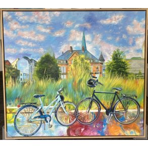 Aarhus maleri, cykler foran Katedralskolen Aarhus 90x100cm af Sarah Hi