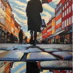 Pige i regnvejr I 100x100 maleri af Sarah H�i