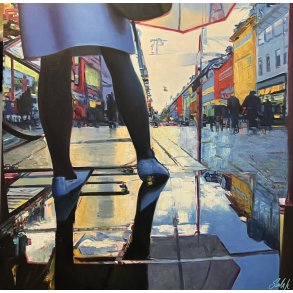 Pige i regnvejr II 100x100 maleri af Sarah H�i