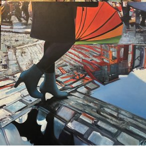 Pige i regnvejr III 100x100 maleri af Sarah H�i