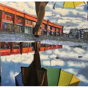 Pige i regnvejr IV 100x100 maleri af Sarah H�i