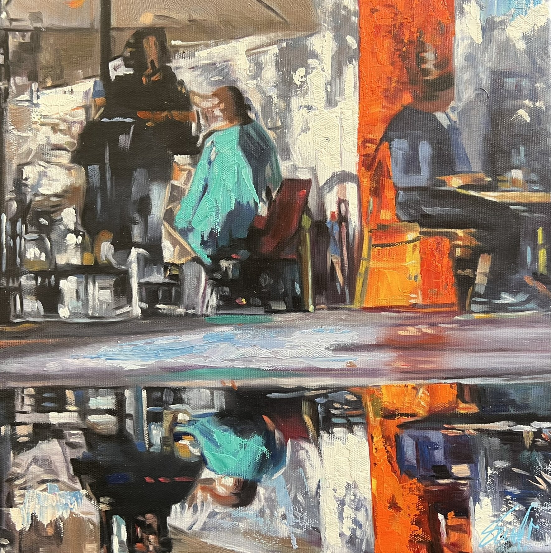 Cafestemning, maleri 40x40cm af Sarah Hi
