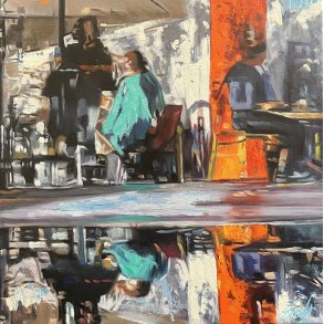 Cafestemning, maleri 40x40cm af Sarah H�i