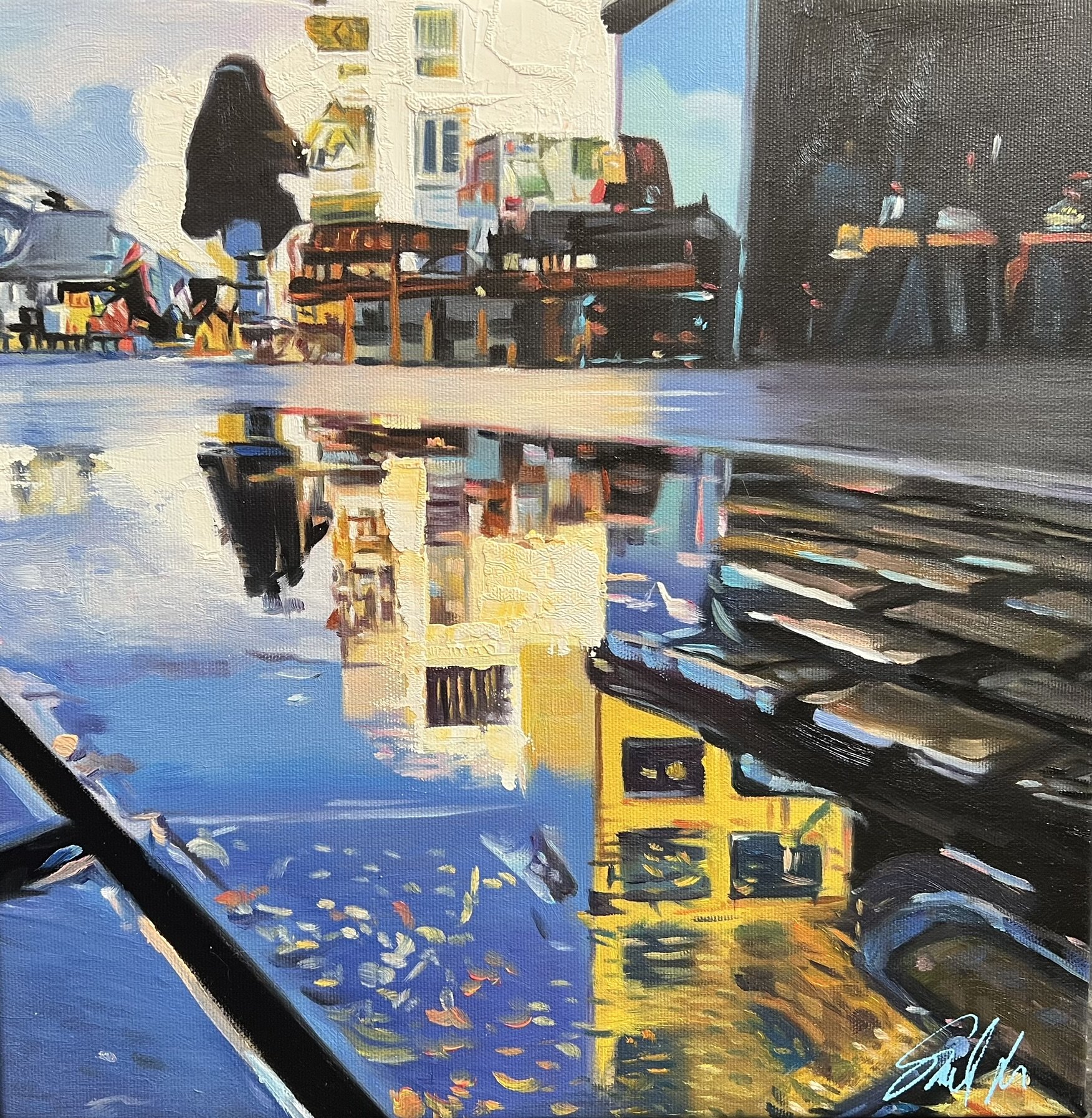 Cafestemning, maleri 40x40cm af Sarah Hi