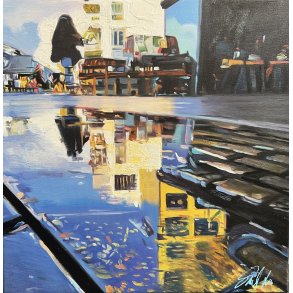 Cafestemning, maleri 40x40cm af Sarah H�i