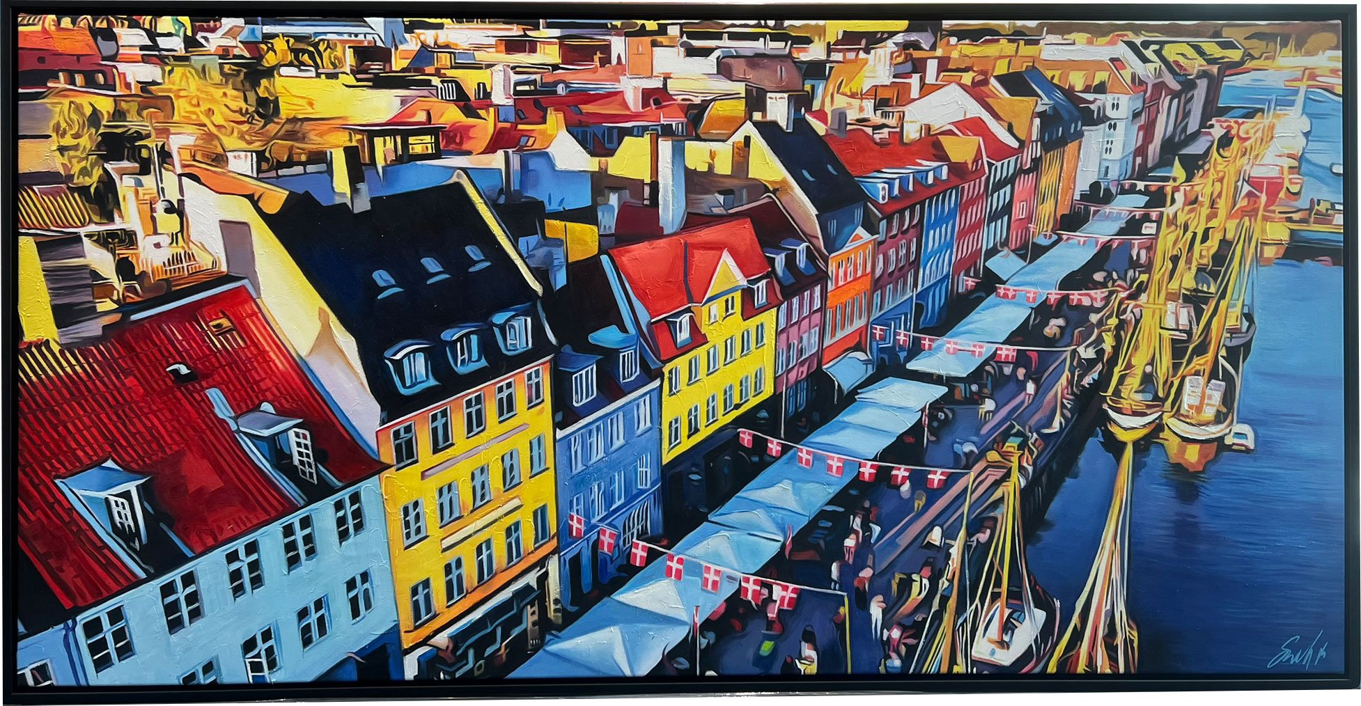 Sommer i Nyhavn, oliemaleri af Sarah H�i 80x160cm