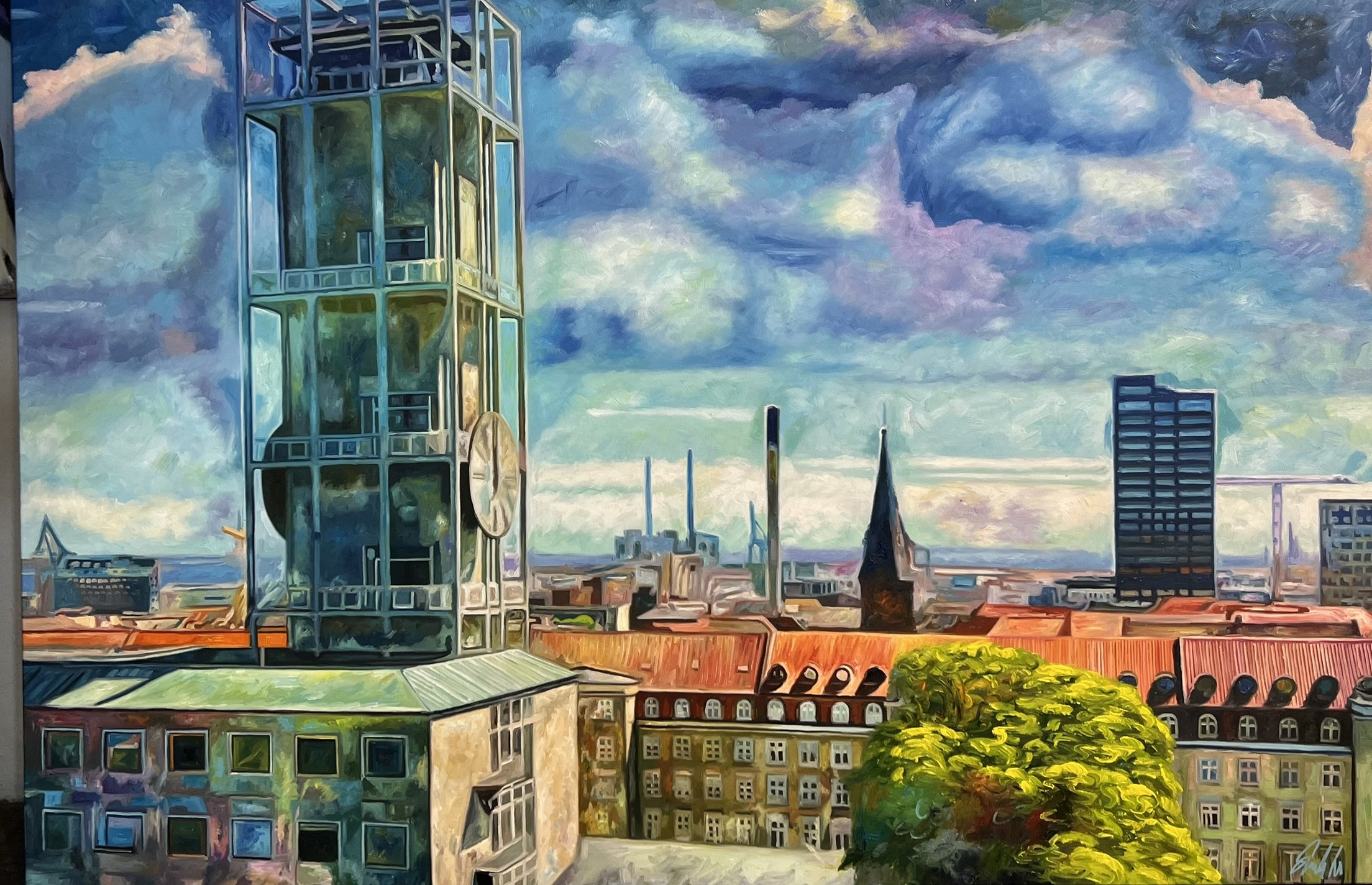 Maleri af rdhustrnet i Aarhus, 100x150cm maleri af Sarah Hi