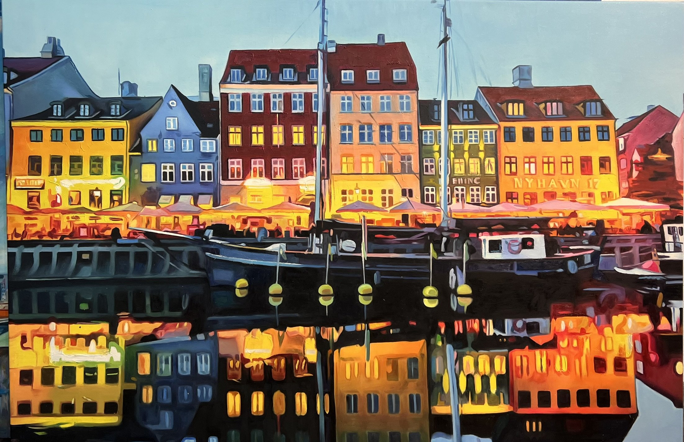 Maleri af Nyhavn, oliemaleri af Sarah Hi 100x150cm