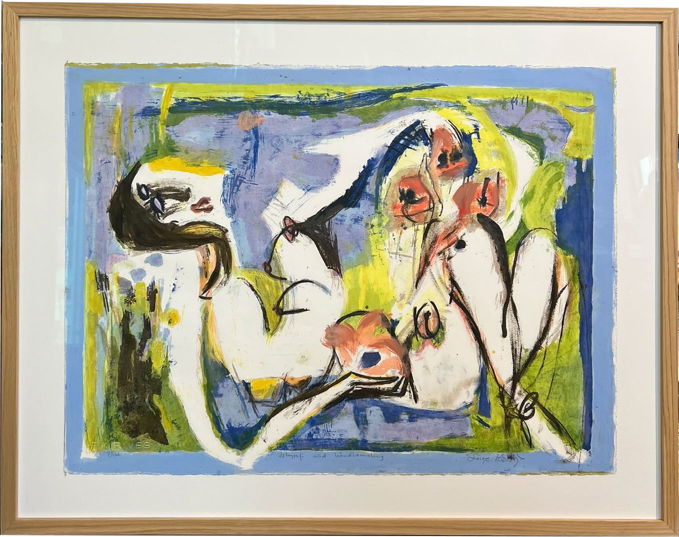 Litografi af Inge Hrup, Landscaspe with flowergirl, 70x90cm