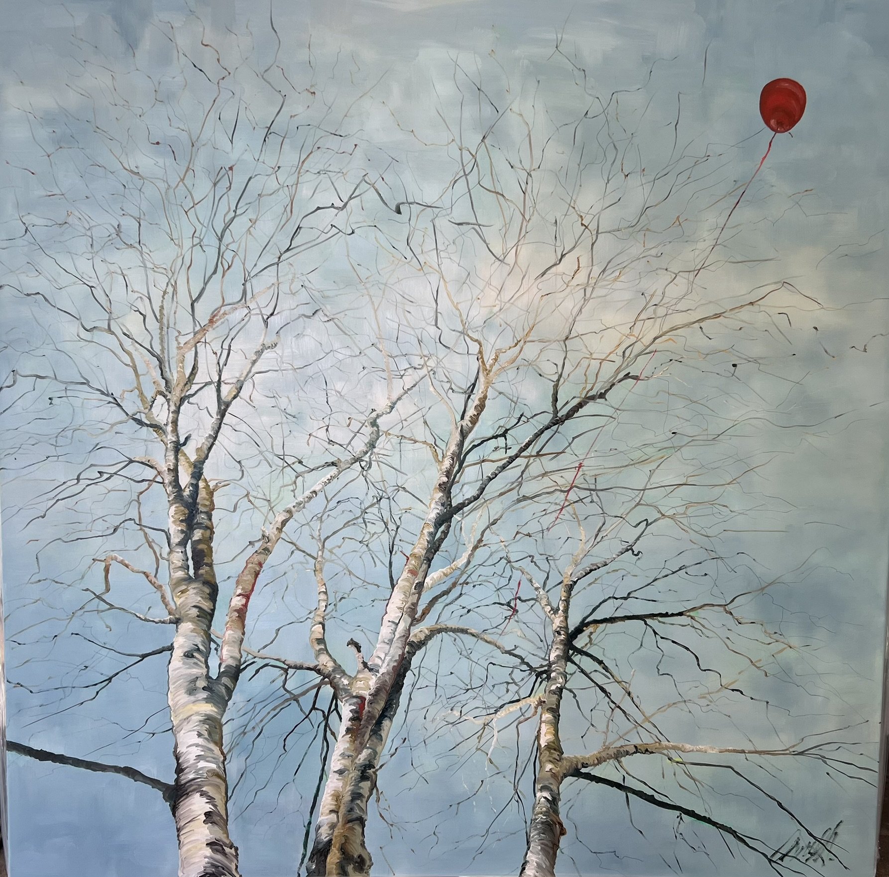 Opad gennem birkenes vinterdans 100x100cm maleri af Anne Mette Harkes