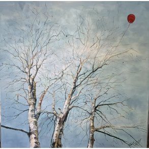 Opad gennem birkenes vinterdans 100x100cm maleri af Anne Mette Harkes