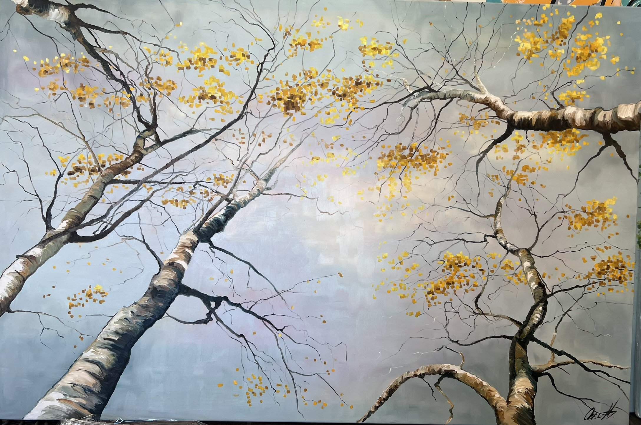 Birketrernes gyldne symfoni 100x150cm maleri af Anne Mette Harkes