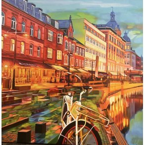 en Aarhus, 80x80cm maleri af Sarah Hi