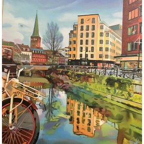 en Aarhus, 80x80cm maleri af Sarah Hi