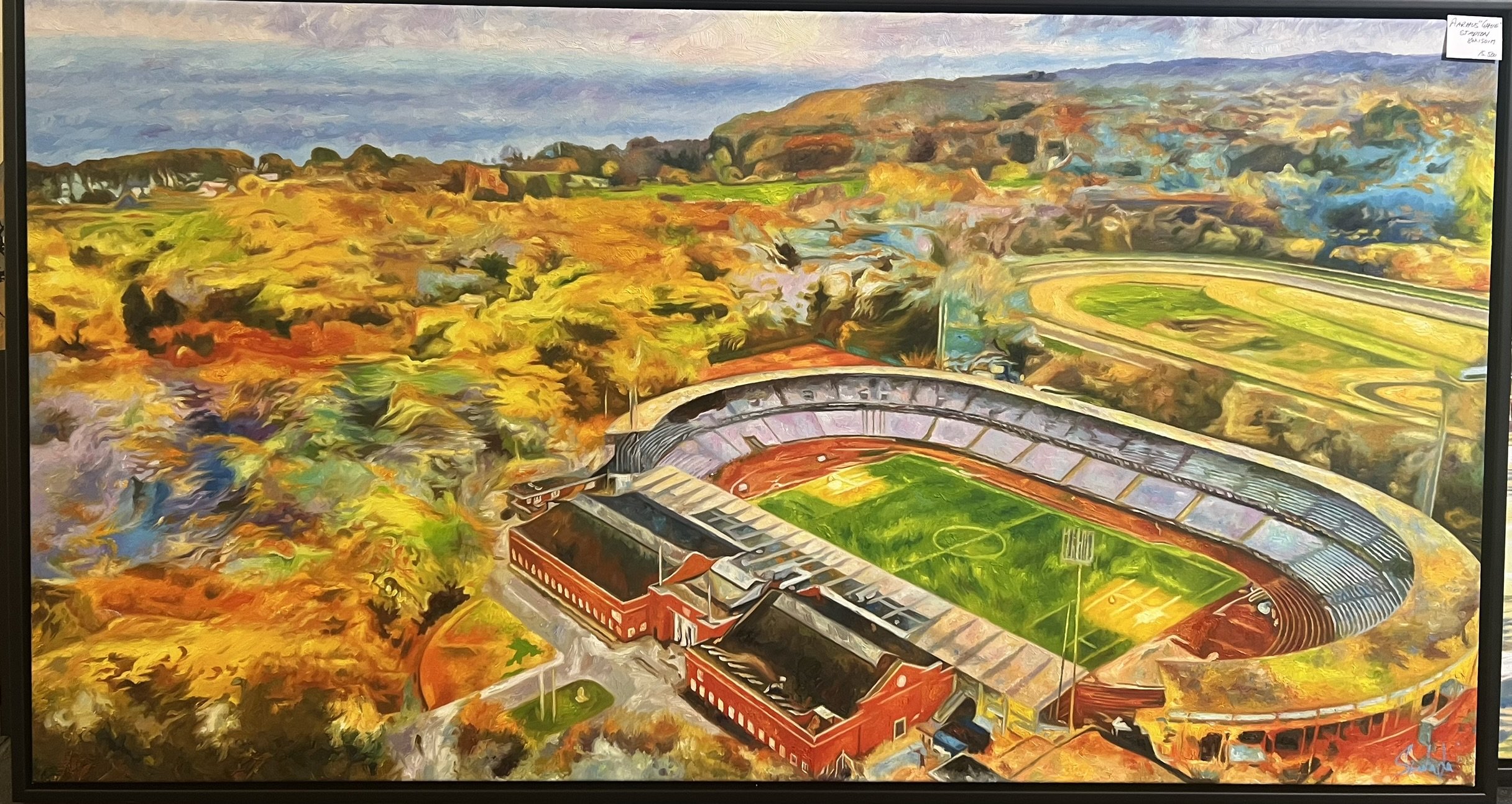 Stadion og Aarhusbugten, 80x150cm maleri af Sarah H�i