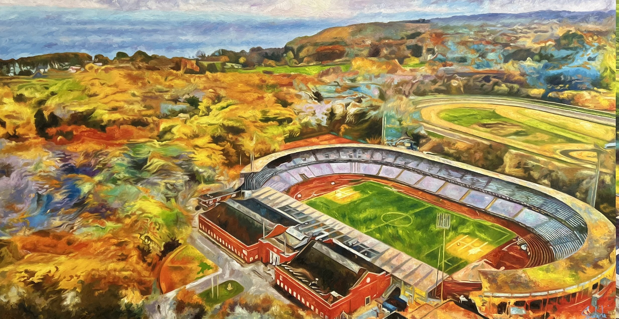 Stadion og Aarhusbugten, 80x150cm maleri af Sarah H�i