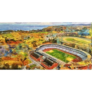 Stadion og Aarhusbugten, 80x150cm maleri af Sarah H�i