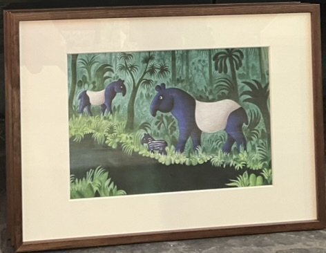 Plakat af Hans Scherfig - Tapir med unge, 30x40cm i ramme af valnd