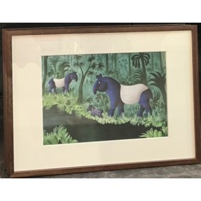Plakat af Hans Scherfig - Tapir med unge, 30x40cm i ramme af valnd