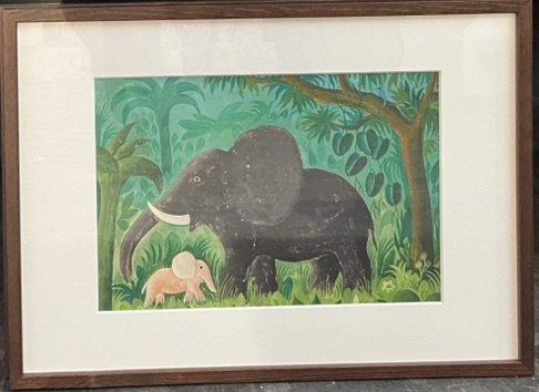 Plakat af Hans Scherfig - Tapir meElefant med Unge, 30x40cm i ramme af valnd